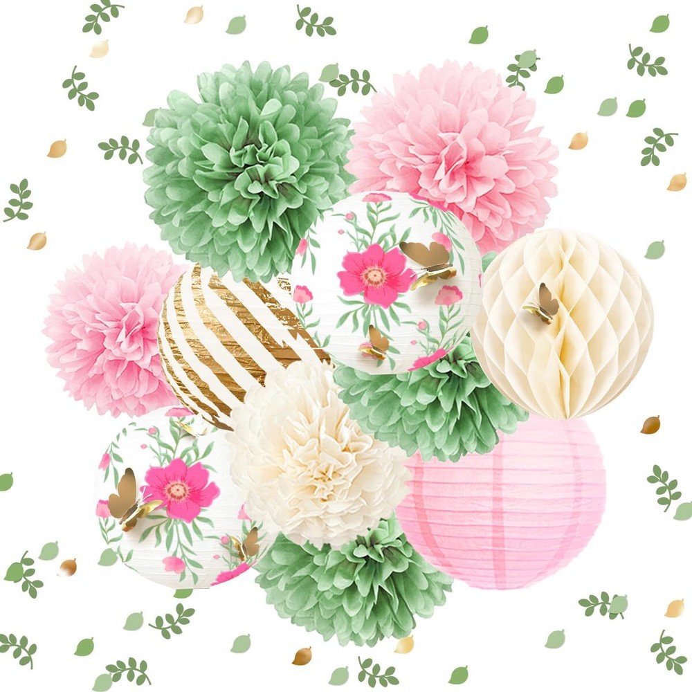 NICROLANDEE 12PCS Tissue Pom Poms Green Pink Blooms 3D Gold Paper Lanterns