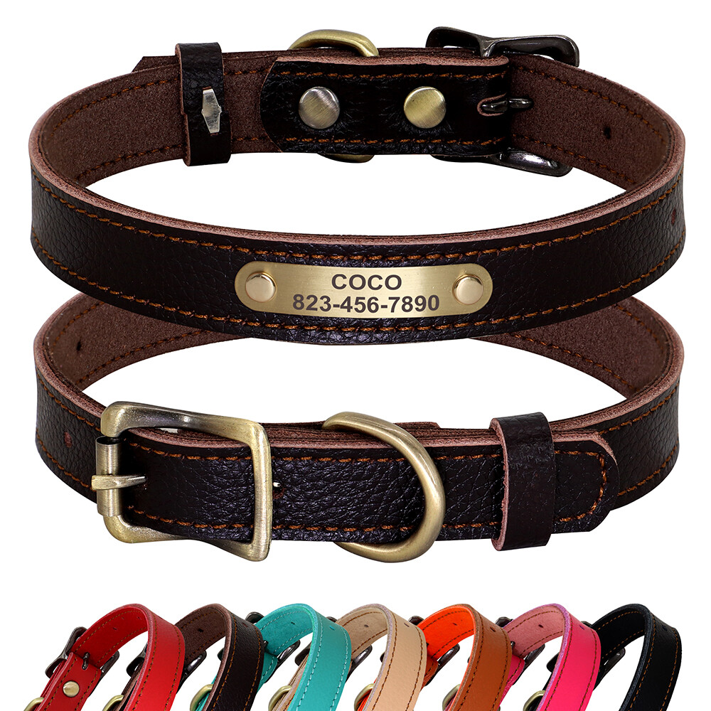 Custom Engraved Adjustable Leather Dog Collar with Name or ID Number-image