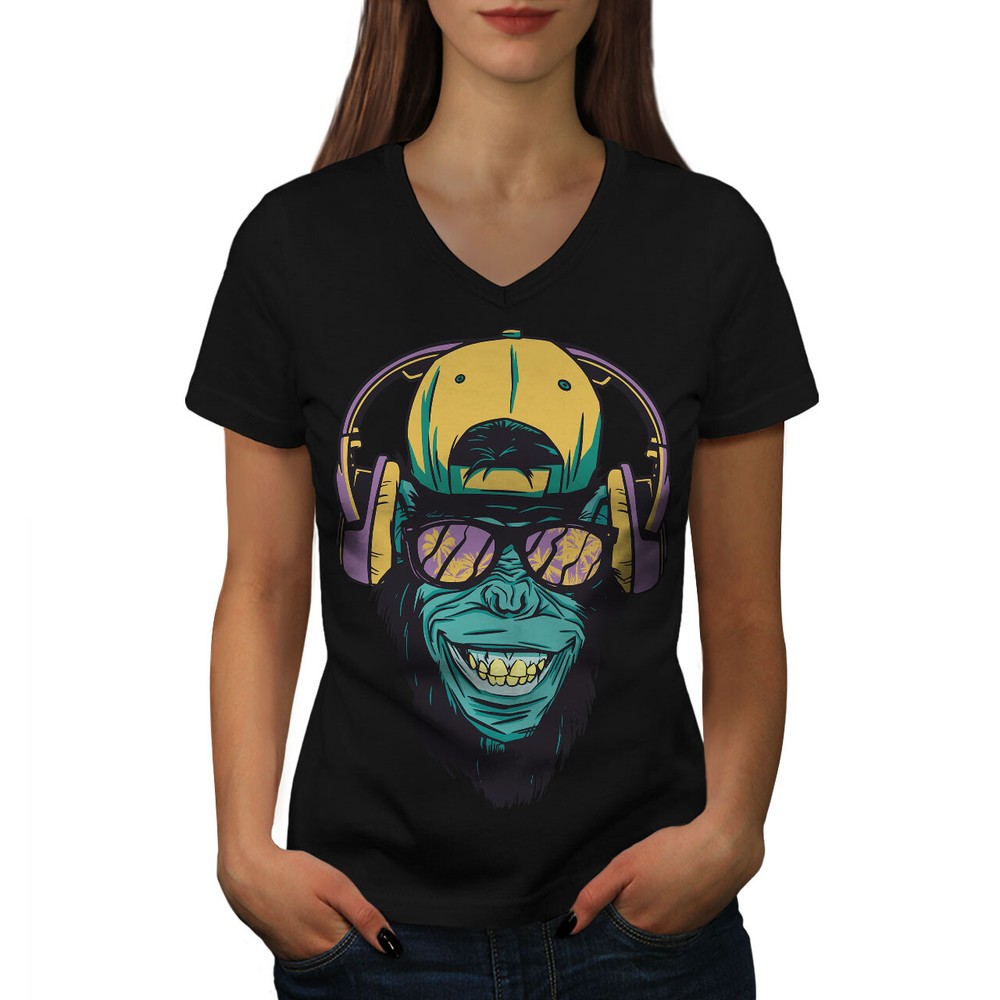 Wellcoda Cool Monkey With Headphones Womens V-Neck T-shirt