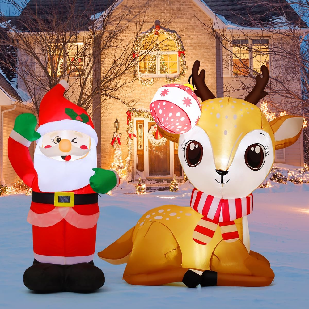 Christmas Inflatables Santa Reindeer Outdoor Decorations Blow up LED Yard Decor