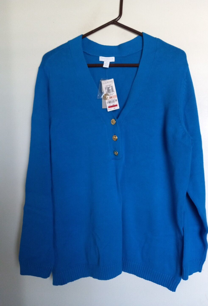 NEW Charter Club Women's Blue Henley Sweater Size 2X Gold Buttons