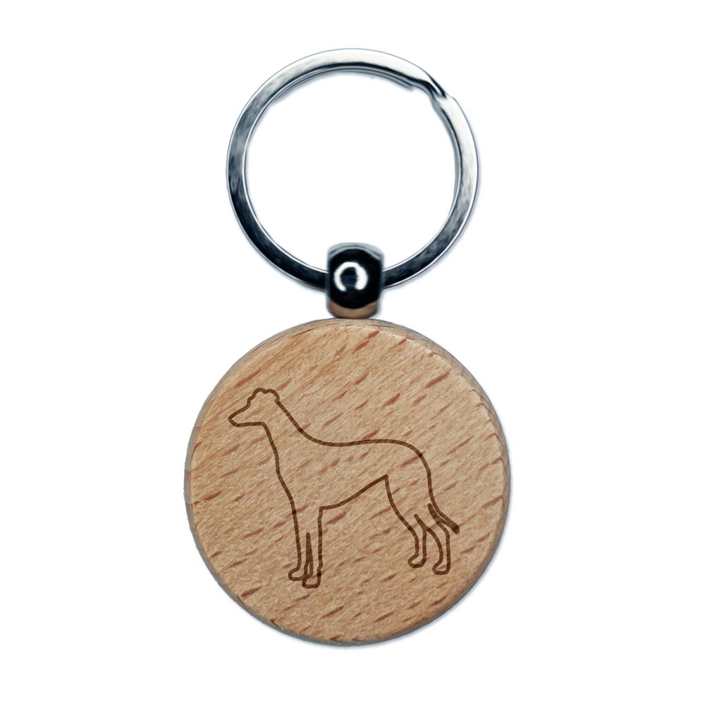 Greyhound Dog Silhouette Engraved Wooden Round Keychain Charm