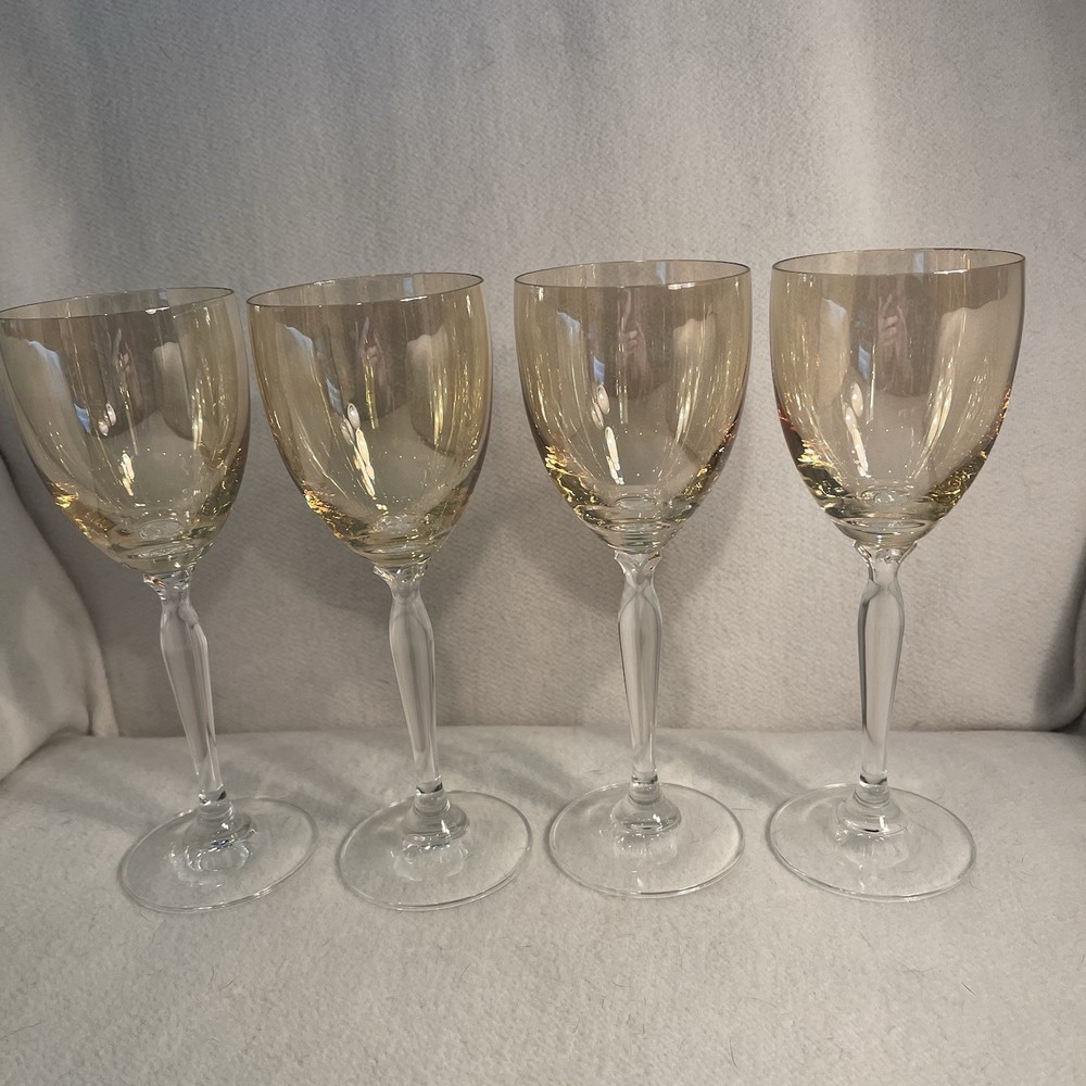 Pier 1 Amber Iredescent Wine Glasses W/ Clear Stem Blown Glass Set 4