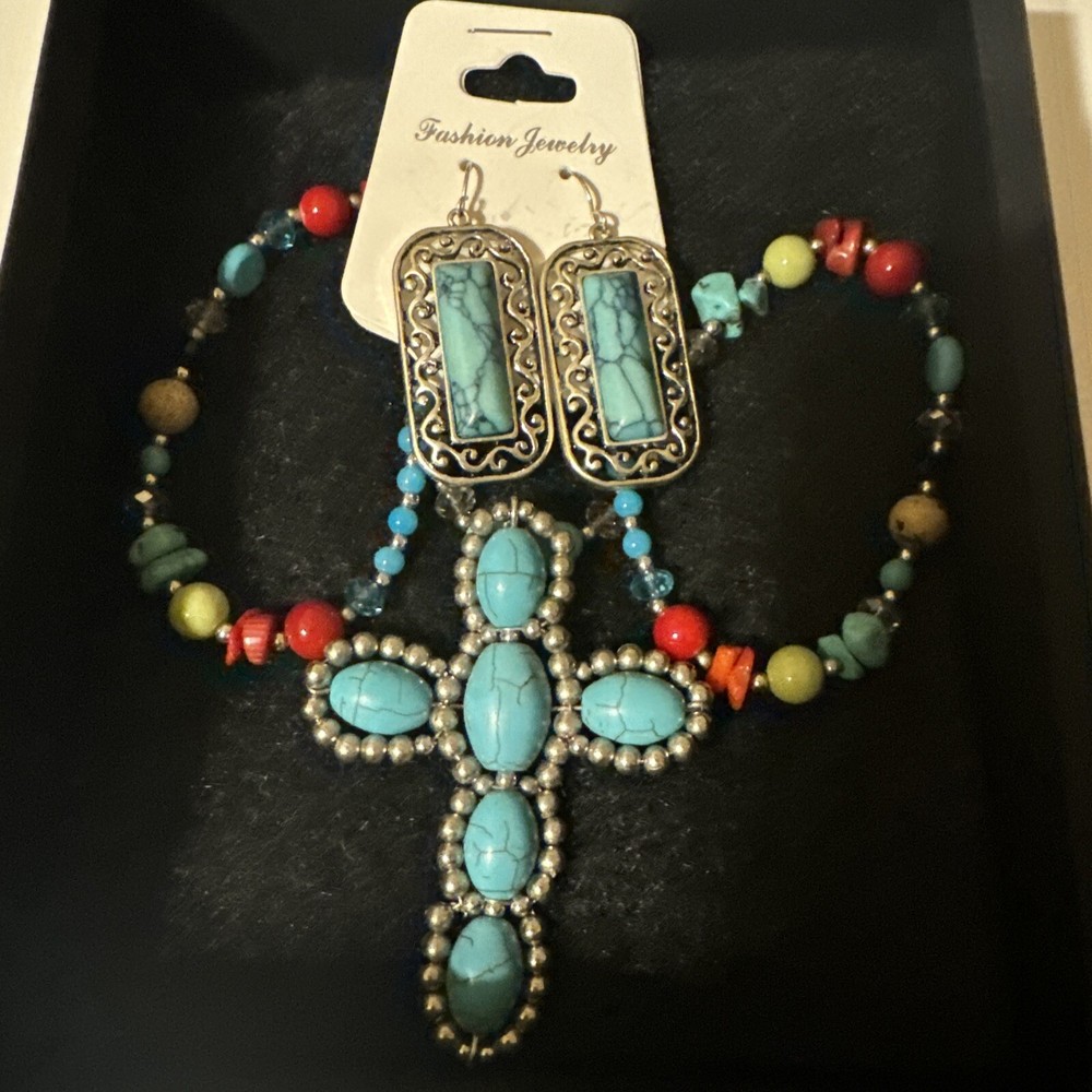 Turquoise Costume Cross Necklace And Earrings Multi-color Set