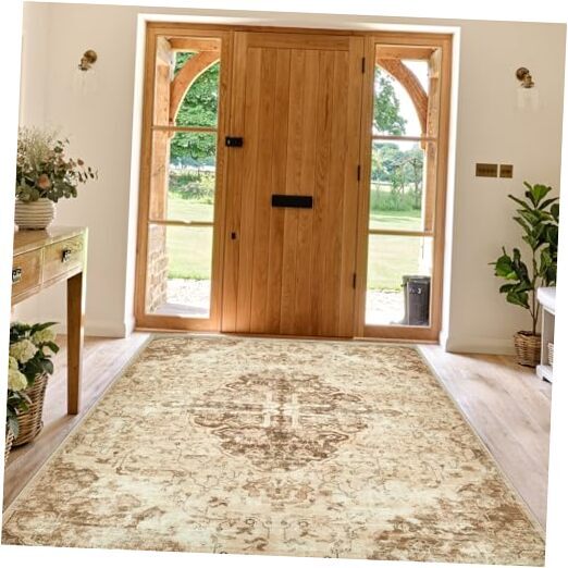 Area Rugs 3×5 Vintage Rug: Washable Rugs 3×5 Boho Medallion Thin 3'x5' Brown