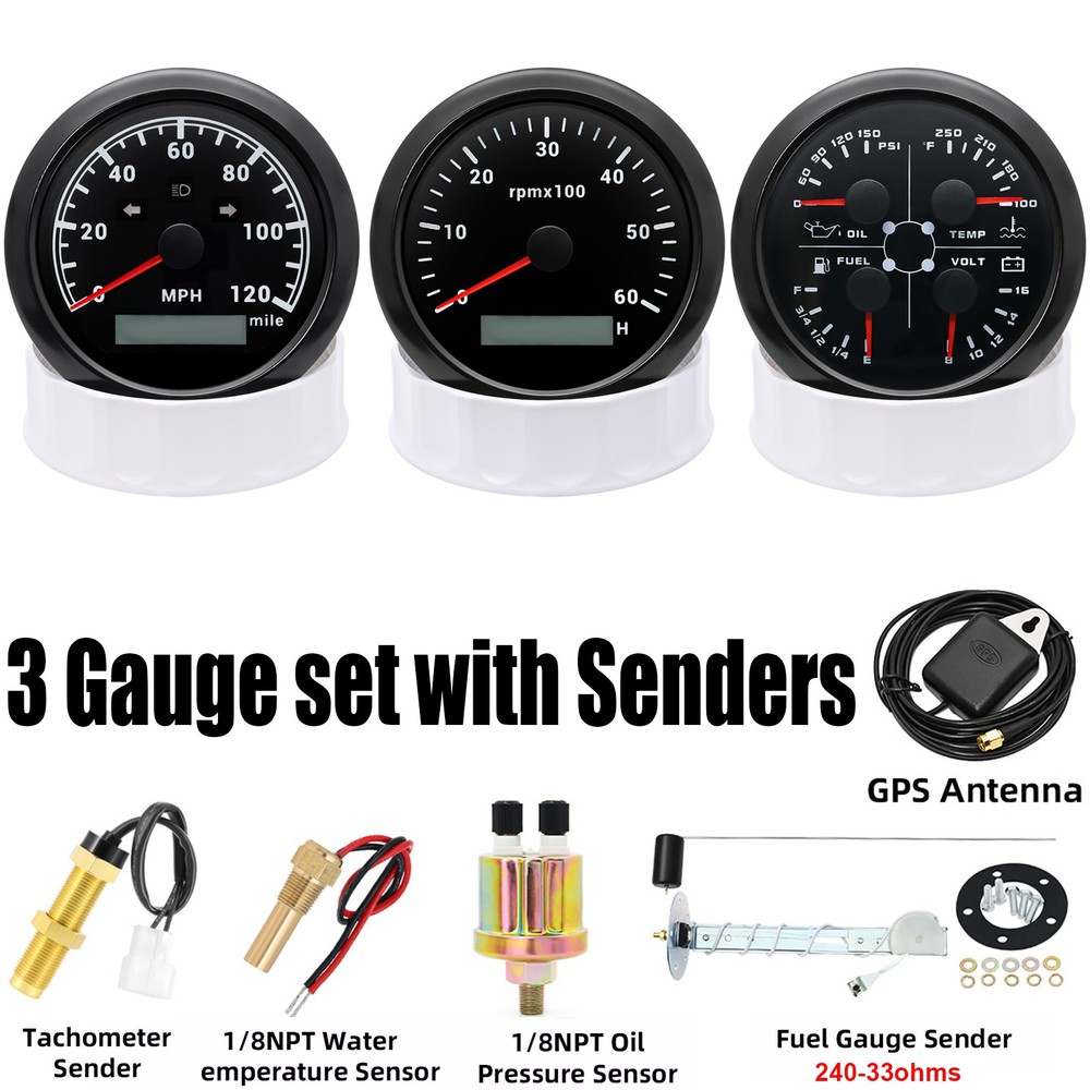 85mm GPS Speedometer 0-120MPH with Tachometer Fuel Oil Temp Pressure Gauge for Car Boat