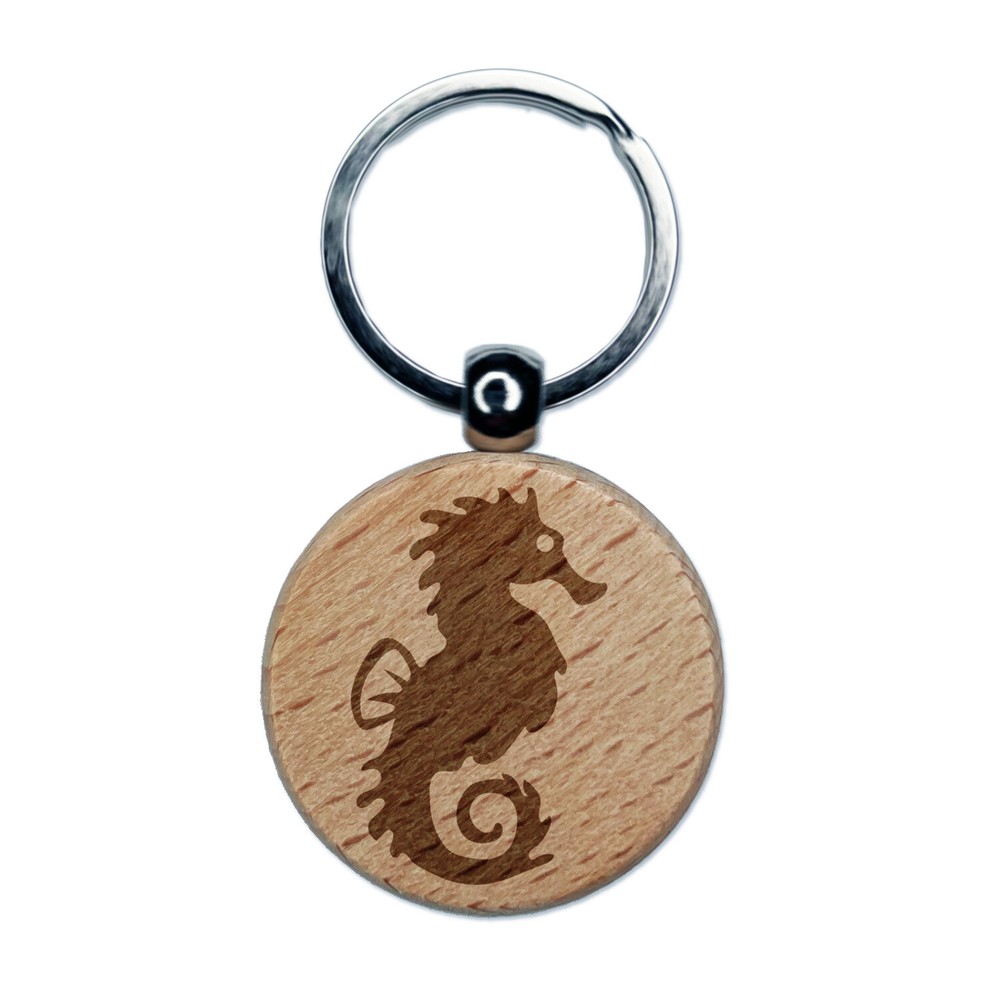Seahorse Icon Engraved Wood Round Keychain Tag Charm