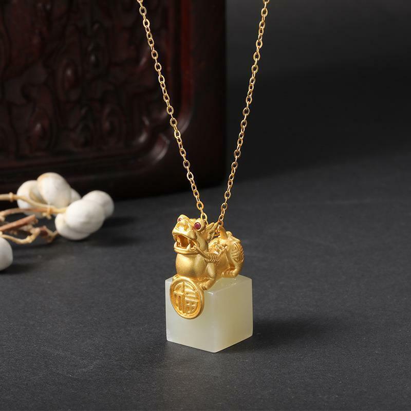 Chinese Pixiu Seal Pendant Lucky Amulet Retro Necklace Jewelry