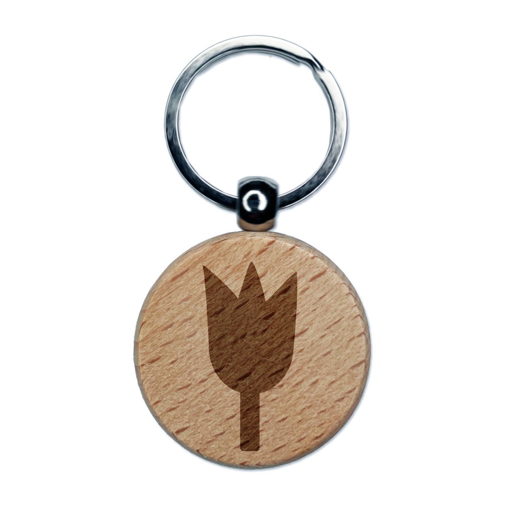 Tulip Flower Solid Engraved Wood Round Keychain Tag Charm
