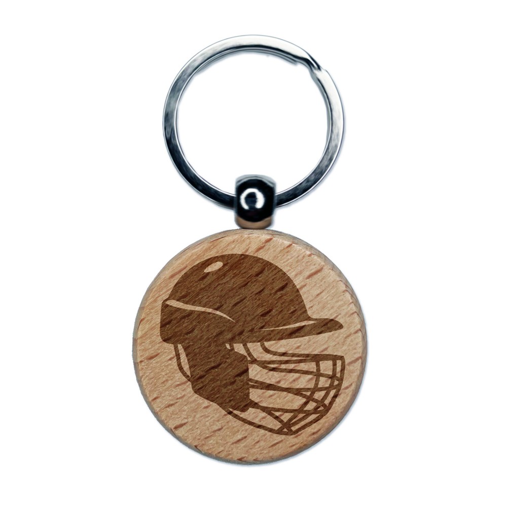 Cricket Sport Helmet Engraved Wood Round Keychain Tag Charm