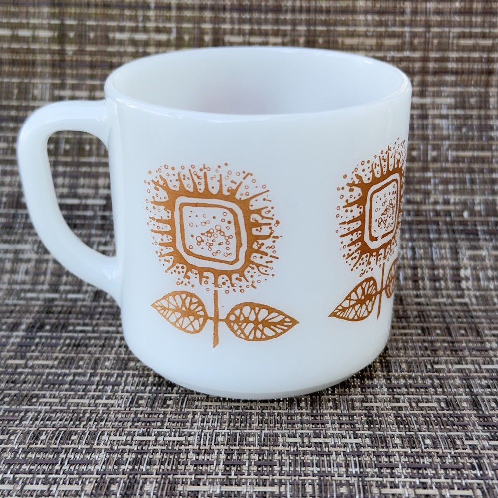 Vintage Federal Milk Glass Golden Brown Floral Coffee Mug Cup 3 1/8