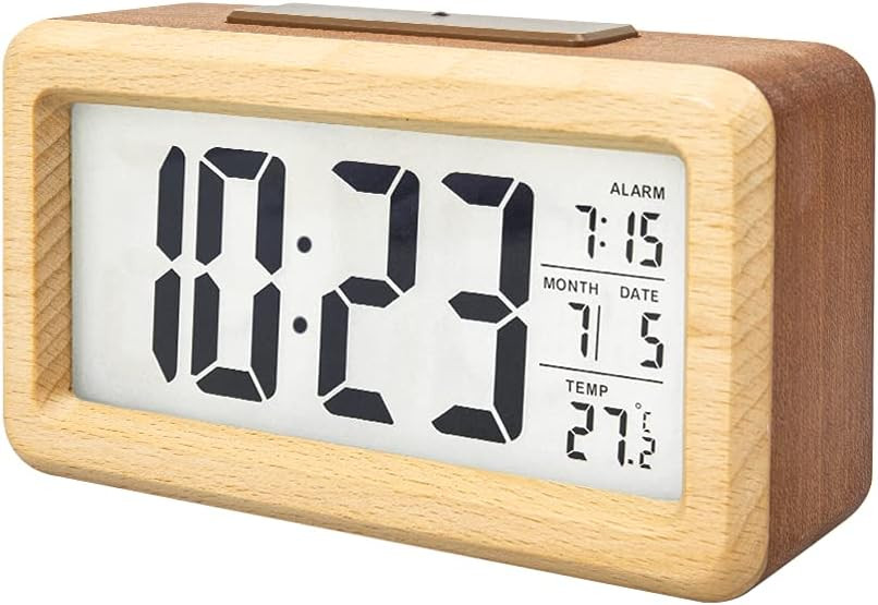 Everwood Natural Wood Digital Alarm Clock for Bedrooms - Battery Operated
