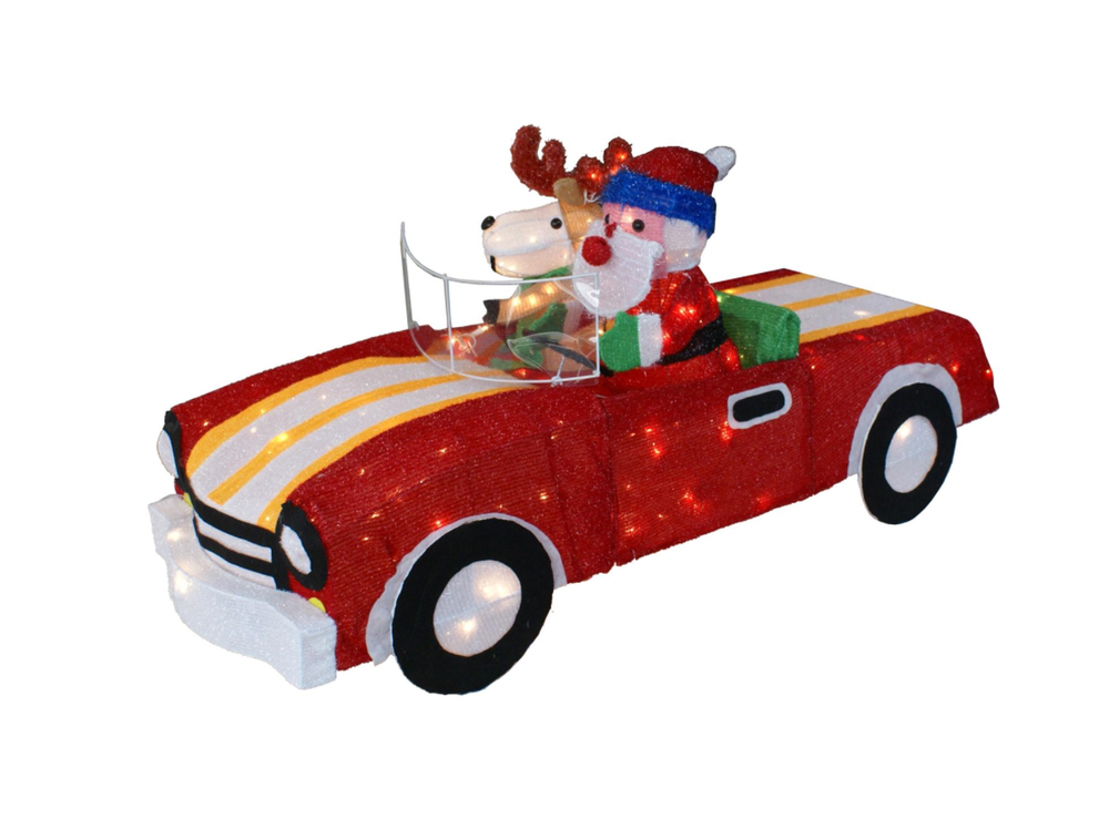Santa Reindeer In Race Car Delivering Gifts Lighted Yard Christmas Display