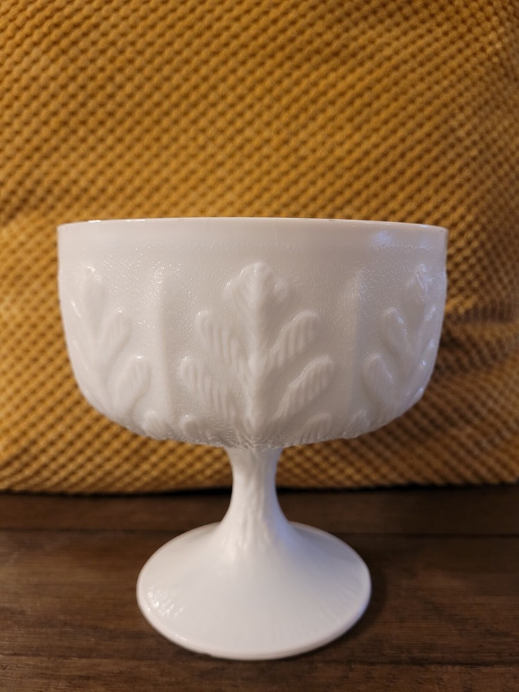 White Milk Glass FTD Pedestal Compote Bowl with Leaf Design Candy Dish