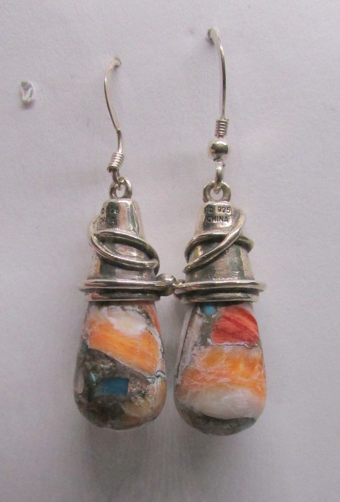 925 STERLING SILVER RAINBOW SEA SEDIMENT FISH HOOK EARRINGS 40X10 MM ~ 10.7 G