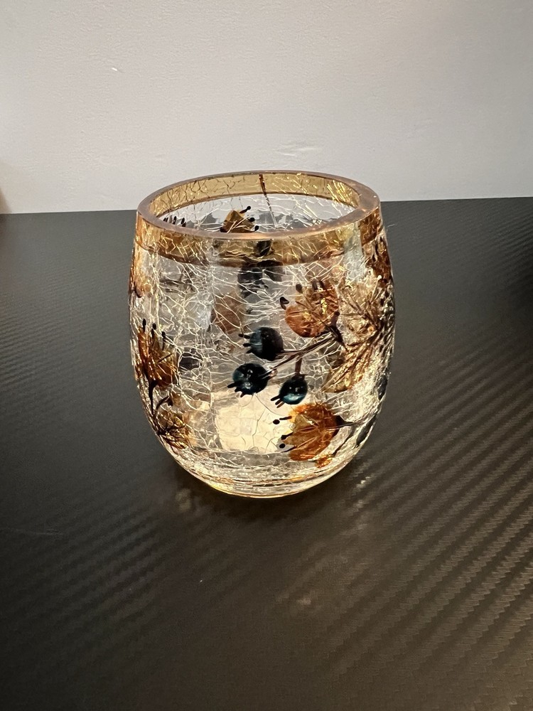 Yankee Candle Crackle Glass Votive Holder with Brown Trim Fall Flowers  