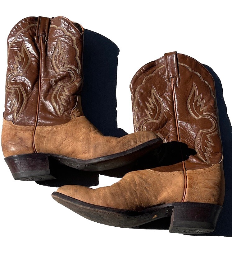 Vintage  Tony Lama Leather Cowboy Boots 1980s Dark Brown And Tan Men’s Sz 9