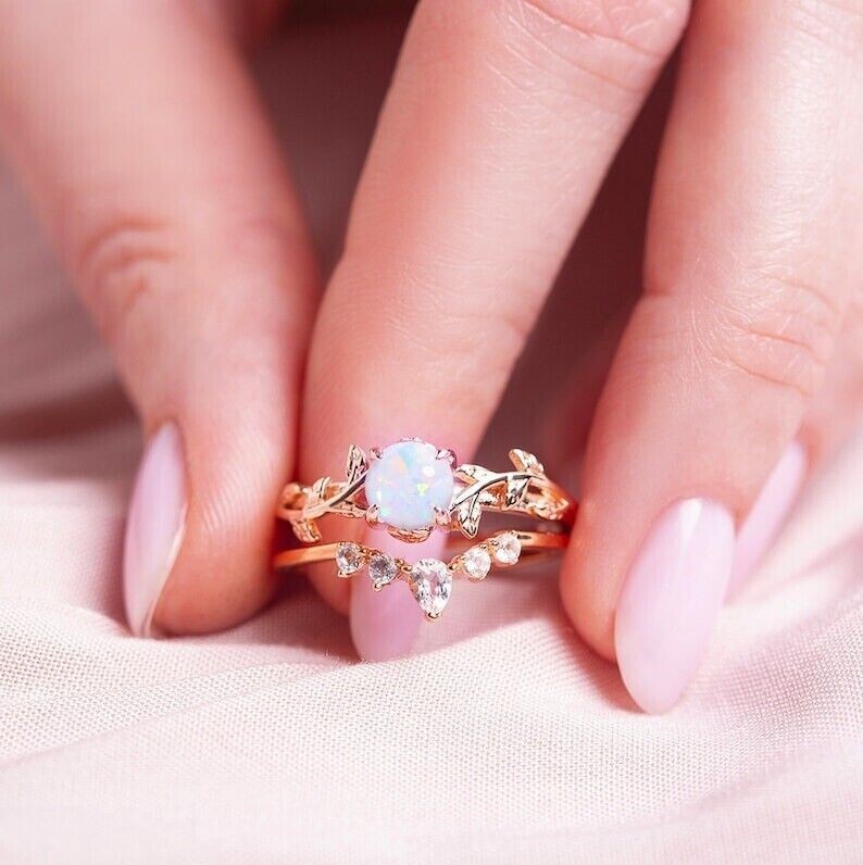 2 Ct White Round Cut Lab Created Fire Opal 925 Sterling Silver Wedding Ring Set