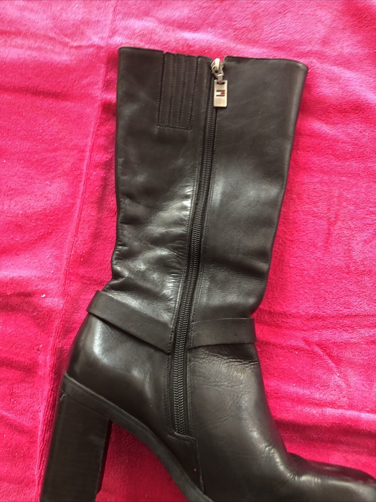 TOMMY HILFIGER Womens Reine Black Leather Heeled Boots Size 9.5