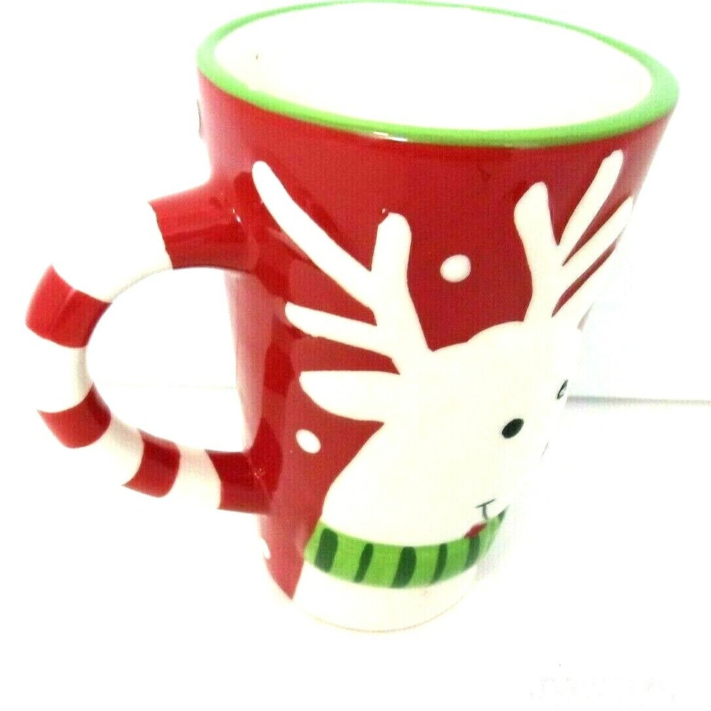Home Accents Ceramic Coffee Mug Red White Green Reindeer Handle Candy Cane