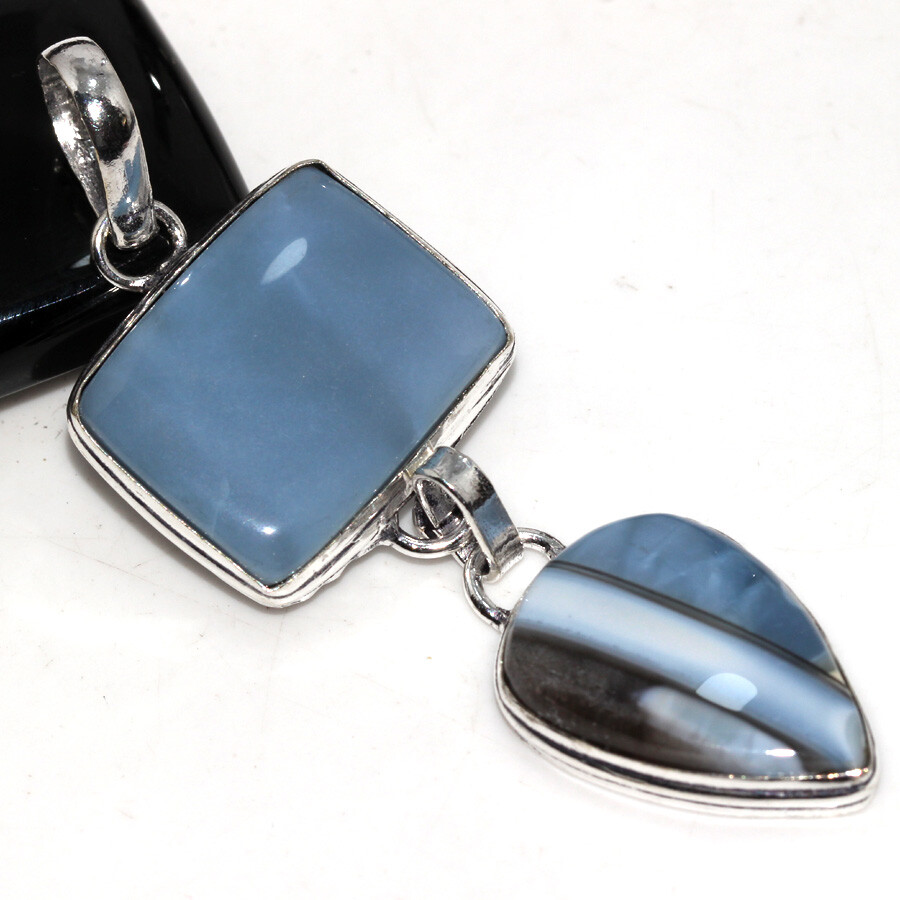 925 Silver Plated Owhyee Blue Opal Ethnic Long Pendant Jewelry Size 3
