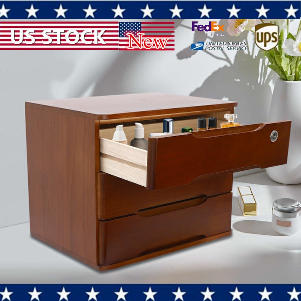 3-Tier File Cabinet Organizer Walnut Desktop Storage Box with Lockable 3 Drawers