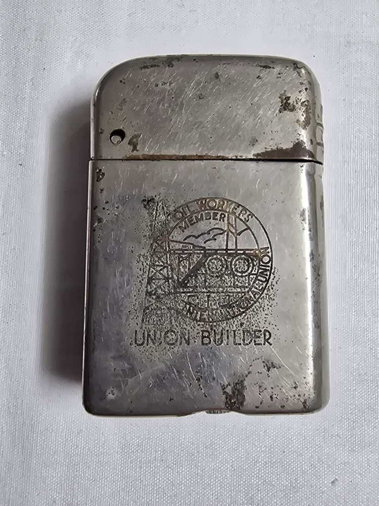 Vintage Bowers Flip-Top Lighter Oil & Gas International Union Oil Workers. RARE