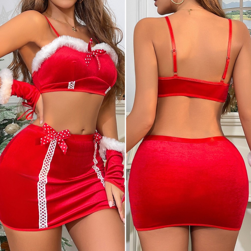 Valentine's Sexy Lingerie for Women Red Santa Babydoll Sleepwear Lace Nightdress