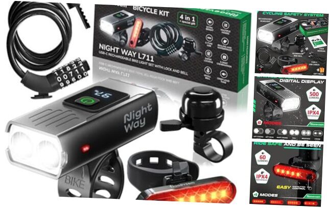 Bike Lights Set w/Bicycle Bell LED Super Bright Rechargeable USB-C Large