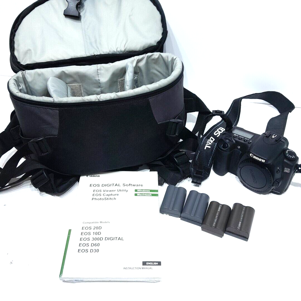 CANON EOS 20D Digital SLR CAMERA 4 batteries papers NO CHARGER