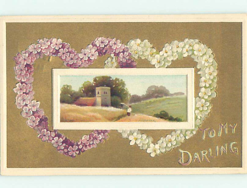 Pre-Linen Valentine Interlocked White and Purple Heart Floral Design HJ2298