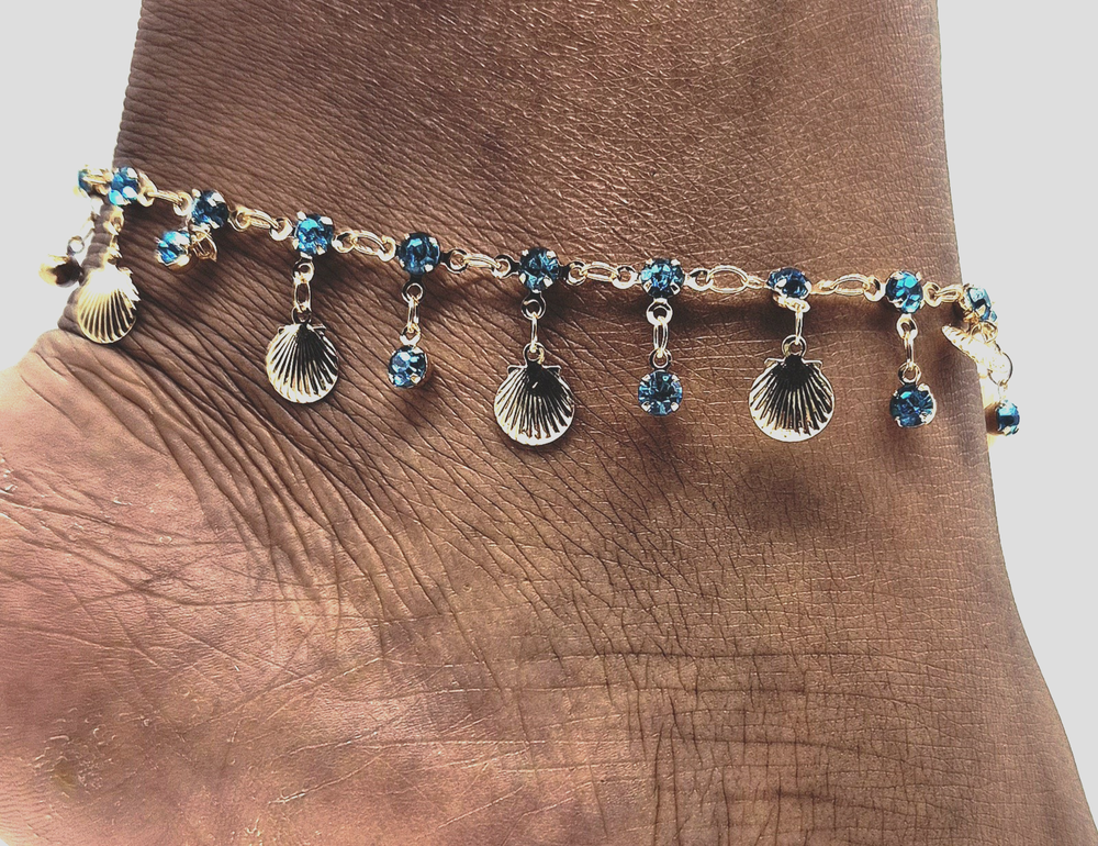 Blue Glass Bead Anklet Chain Bracelet 25cm Adjustable Foot Jewelry