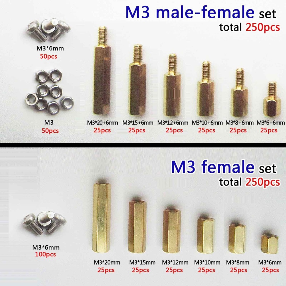 250pc Solid Brass M2 M3 Hex Column Standoff  Spacer Screw Nut Assortment Kit PCB