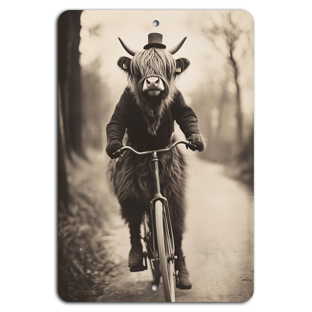 Chic Highland Cow: Vintage Bicycle Adventure Metal Sign
