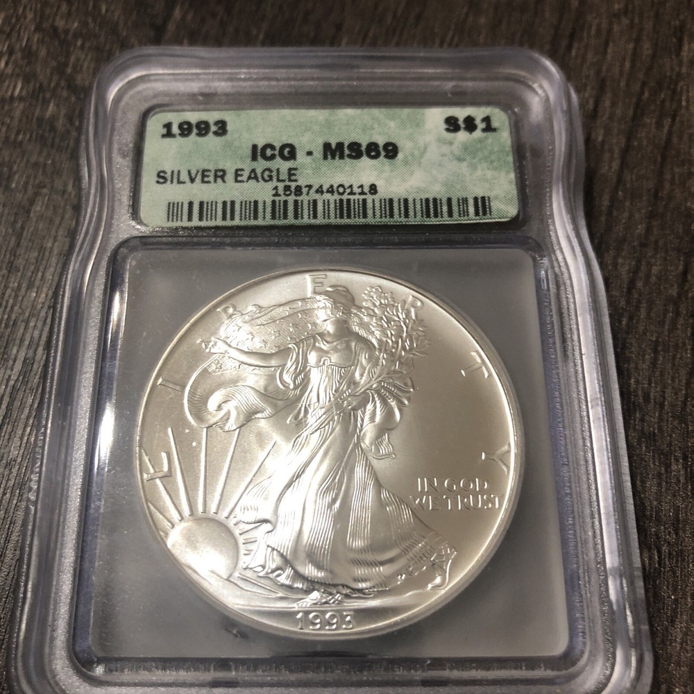 1993 $1 AMERICAN SILVER EAGLE ICG MS69 GREEN LABEL