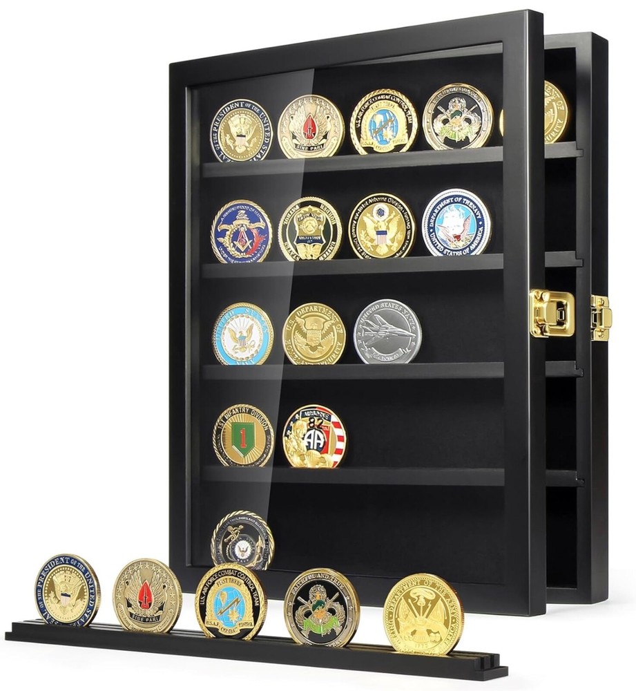 Military Challenge Coin Display Case - Wall Mount Shadow Box with Shelves