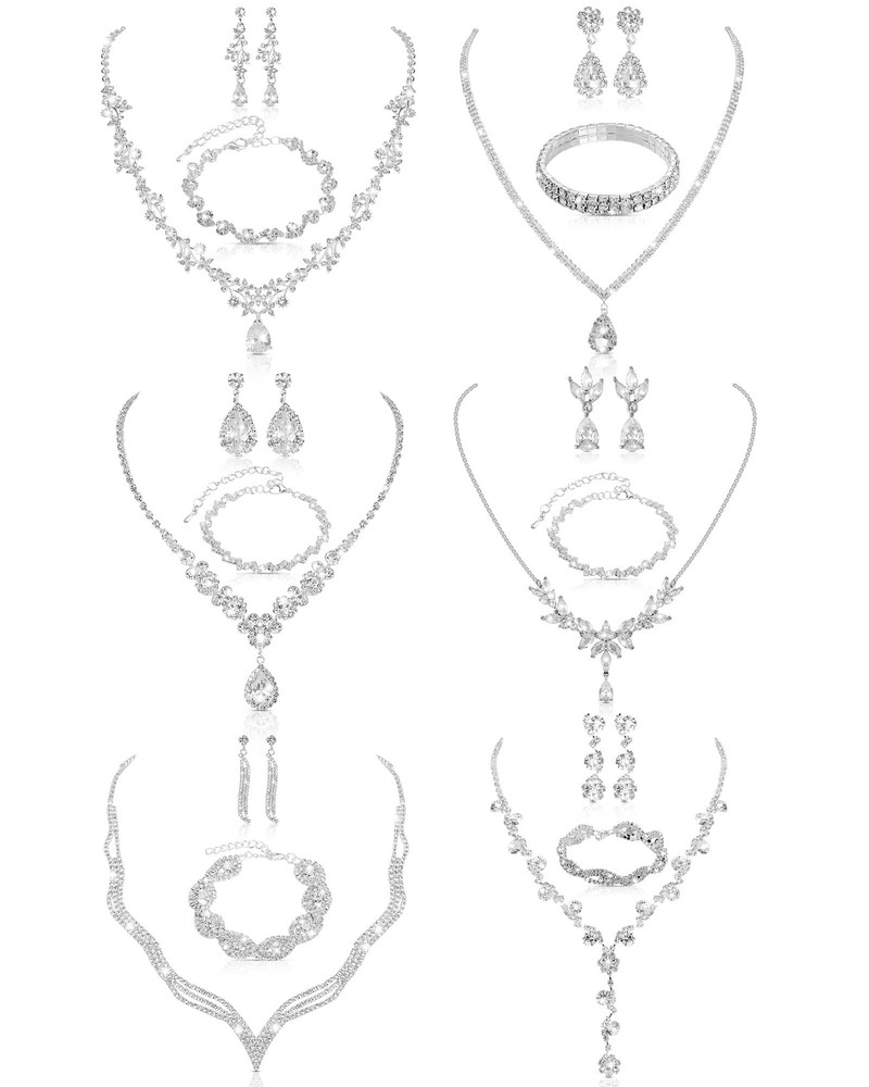 6-Piece Bridesmaid Jewelry Set Silver Crystal Rhinestone Necklace for Weddings