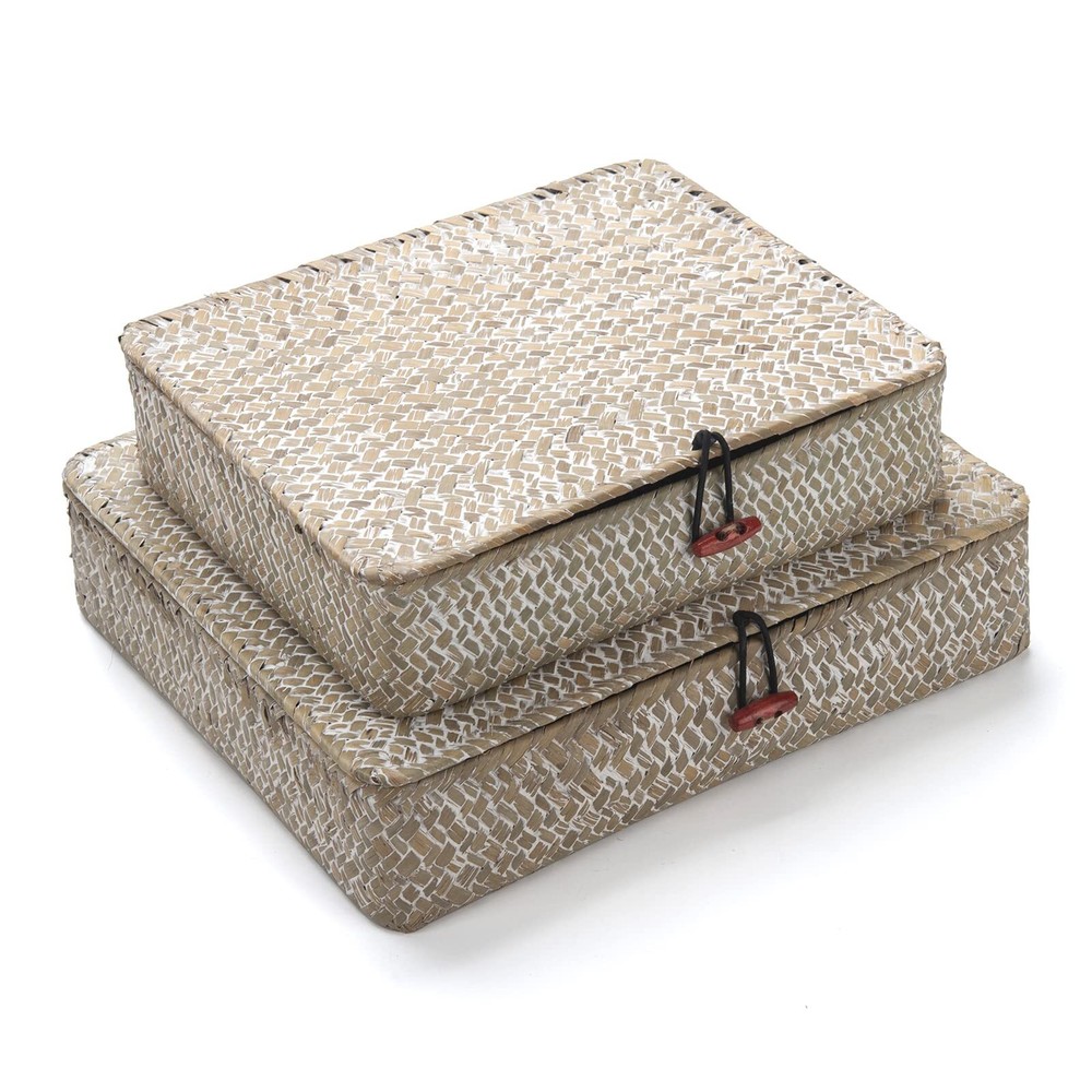 Whitewash Flat Seagrass Storage Bins with Lid, Wicker Basket for Shelf Organi...