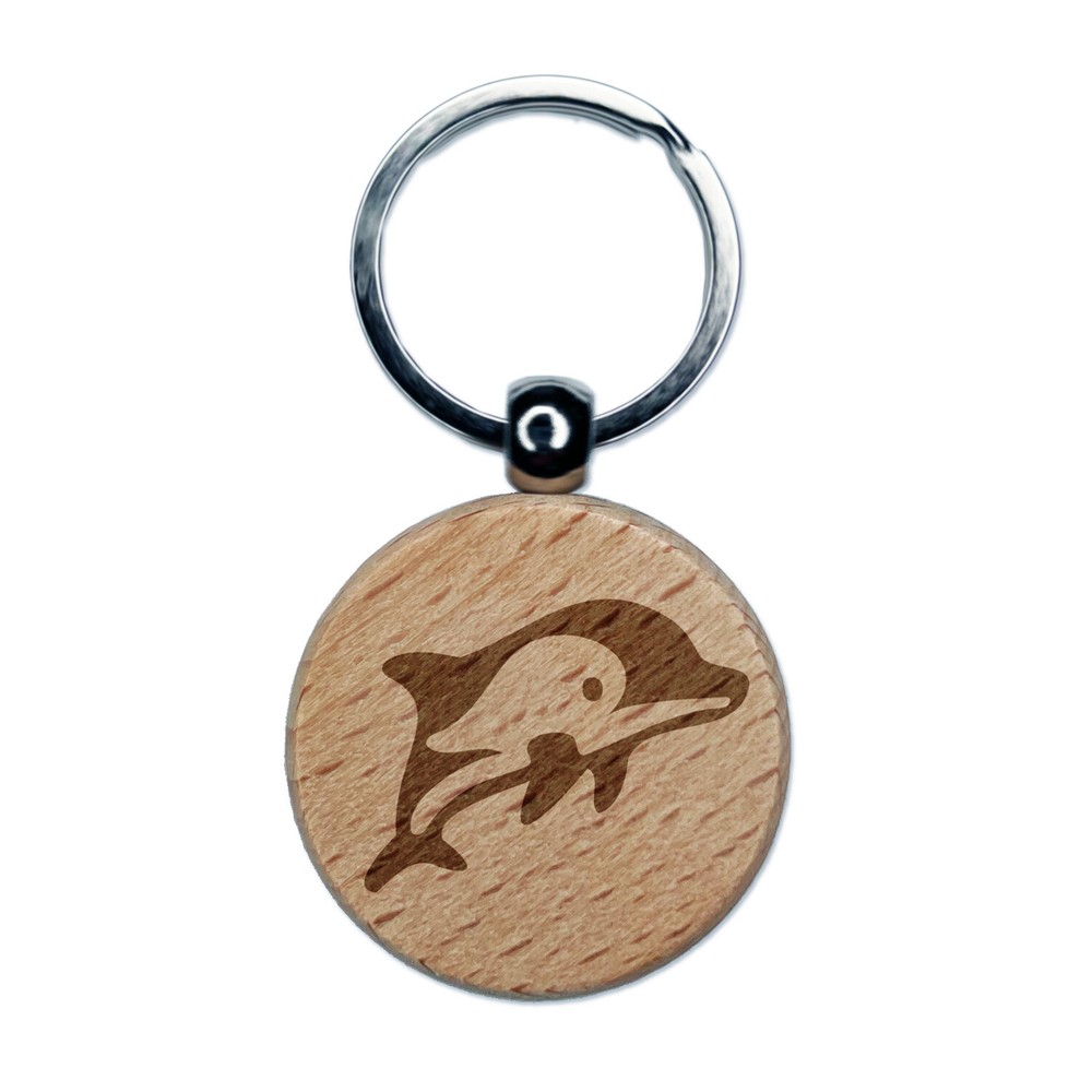 Cute Chibi Striped Dolphin Engraved Wood Round Keychain Tag Charm