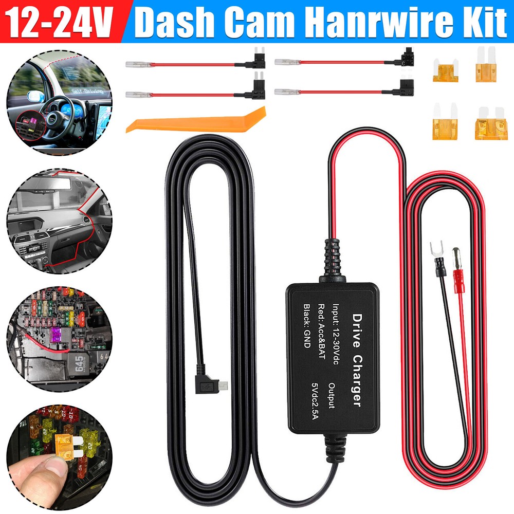 12V to 5V Mini USB Hard Wire Cable Kit Fuse for Car Dash Cam DVR Video Universal