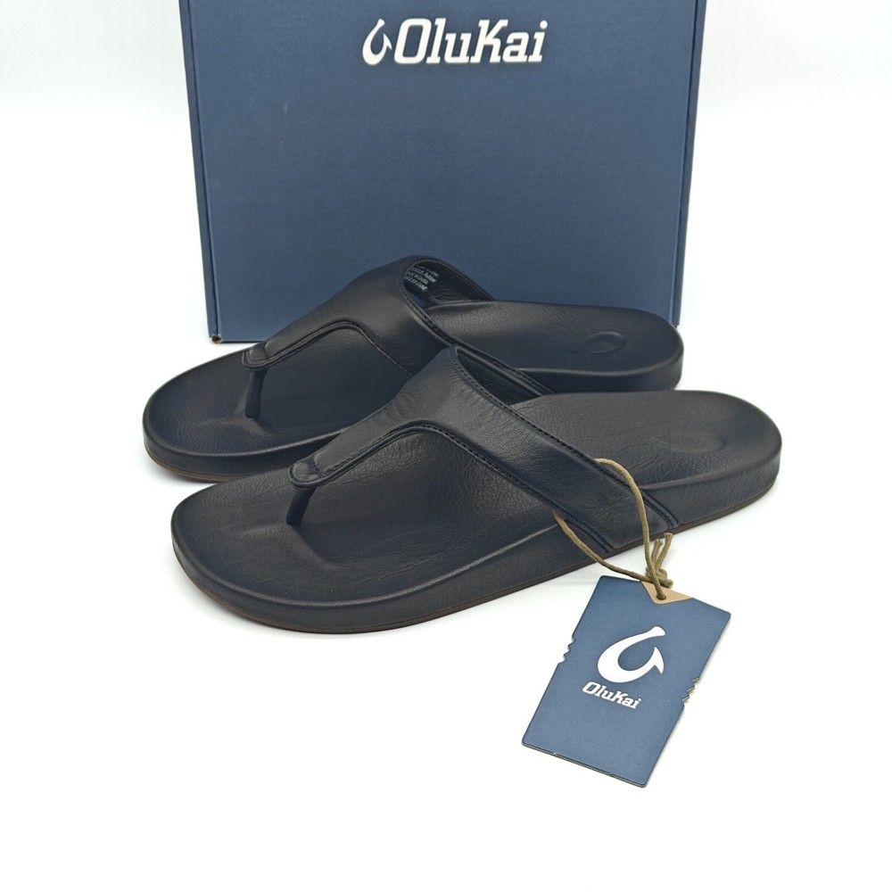 OluKai Women’ Leather Kipe‘a Lipi Flip Flops Black Sandals 20502-4040  Size 5-9