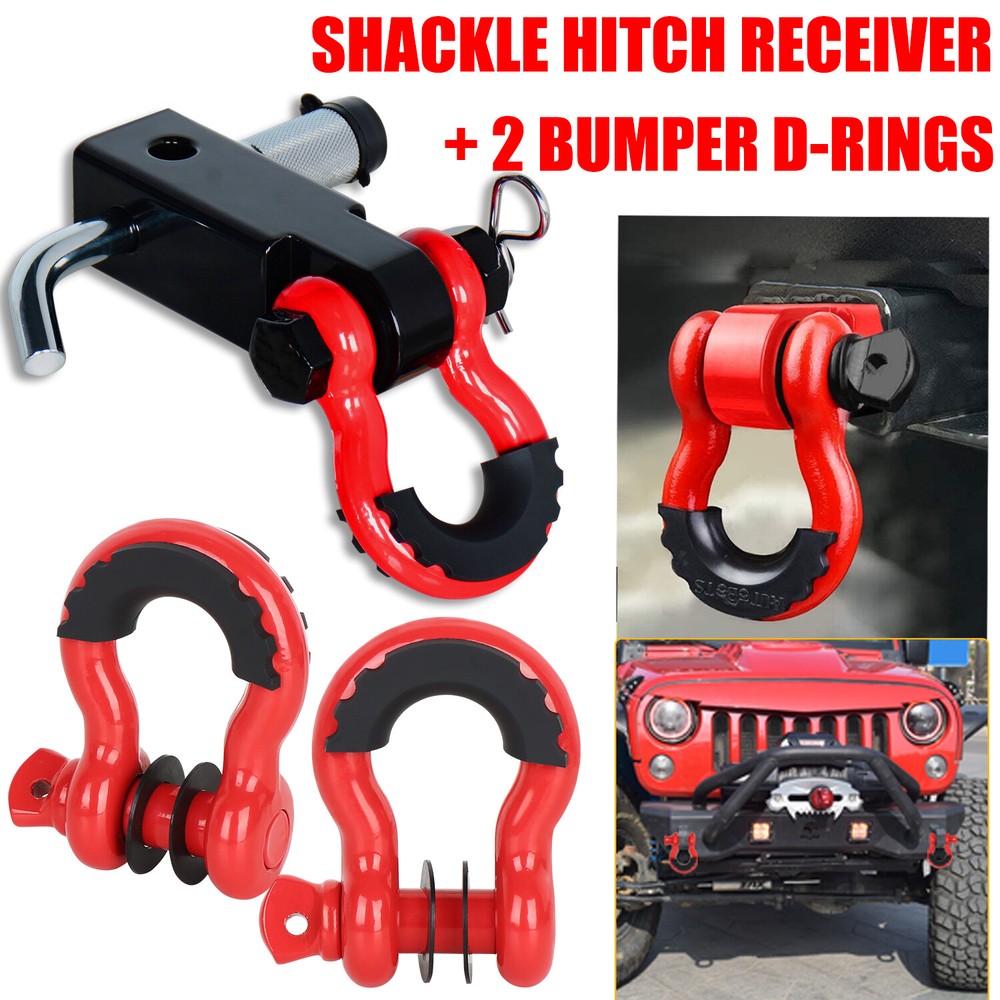 Red Shackle Hitch Receiver with 3/4 Inch D-Ring and Towing Hitch Lock for Bumper