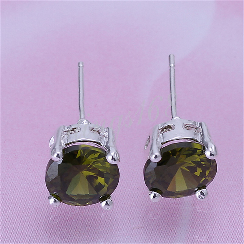 925 Sterling Silver Tarnish-Resist Dark Green Round Crystal Post Earrings E107