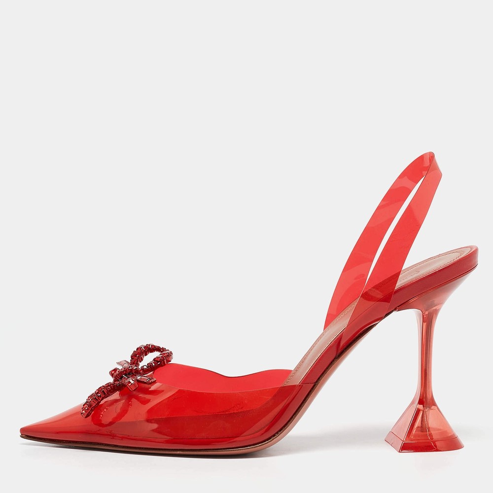 Amina Muaddi Red PVC Rosie Crystal Embellished Bow Slingback Pumps Size 395