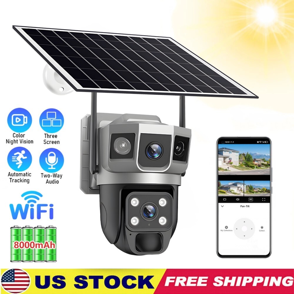 9MP 3 Lens WiFi Solar Camera Wireless Outdoor CCTV PTZ Home Security System Cam
