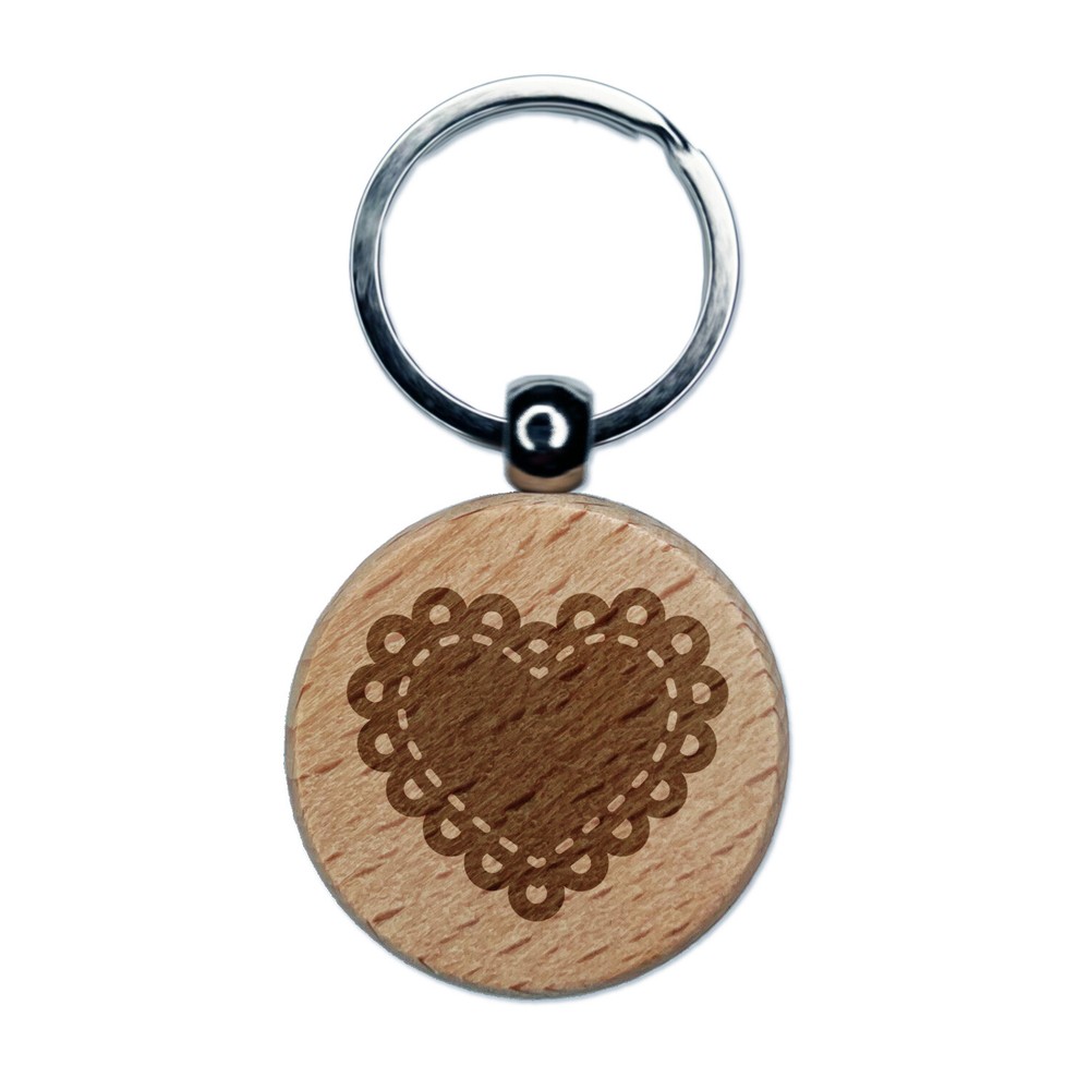 Fancy Heart Doily Love Valentine's Day Engraved Wood Round Keychain Tag Charm