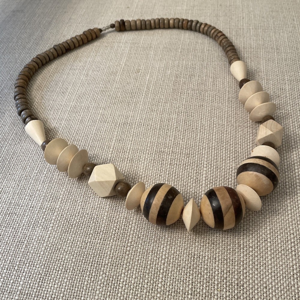 Vintage Abstract Shaped Wooden Beaded Necklace Barrel Closure Geometric Boho
