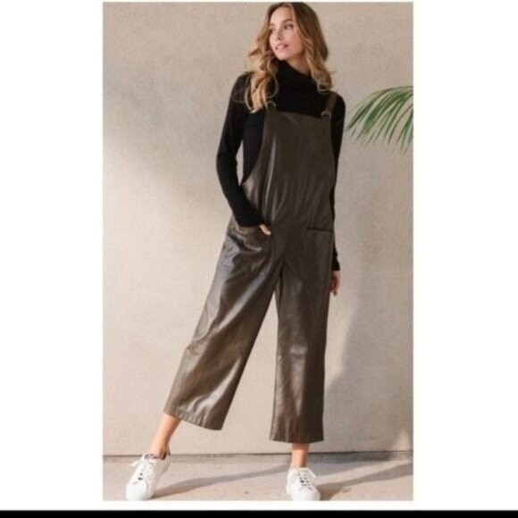 FAUX LEATHER OLIVE WIDE LEG JUMPSUIT-SIZE: MEDIUM