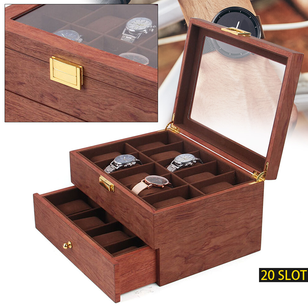 20-Slot Rosewood Watch Display Case with Jewelry Storage Tray