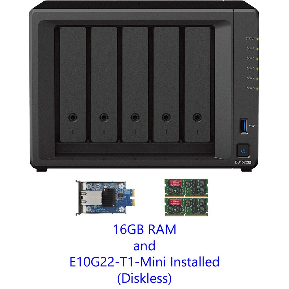 Synology DS1522+ 5-Bay DiskStation 16GB RAM E10G22-T1-Mini 10GbE PRE-INSTALLED